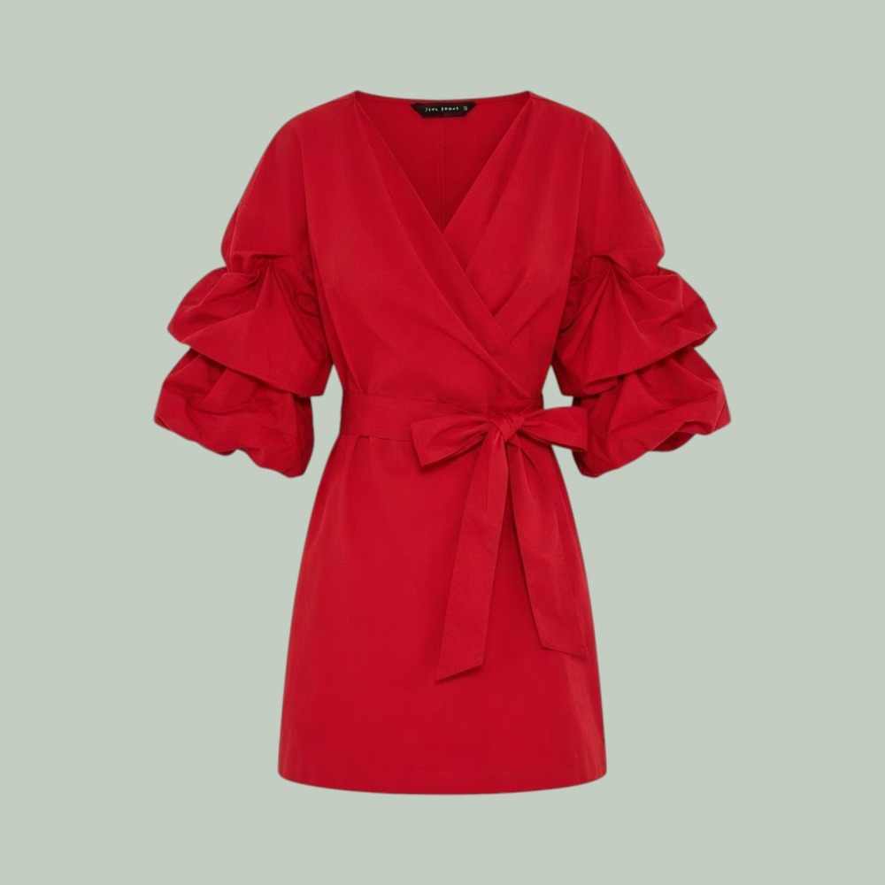 Cocktail Brunch Ruffle Statement Sleeve Wrap Dress Womens Small Red Zara Woman